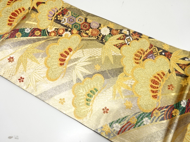 JAPANESE KIMONO / UNUSED FUKURO OBI FOR FURISODE / SILK / WOVEN KASAMATSU & BAMBOO GRASS & CLASSICAL PATTERN